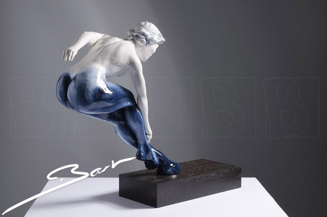 Sculpture of a mythical creature, a Nymph, running or jumping, landing on one hoof