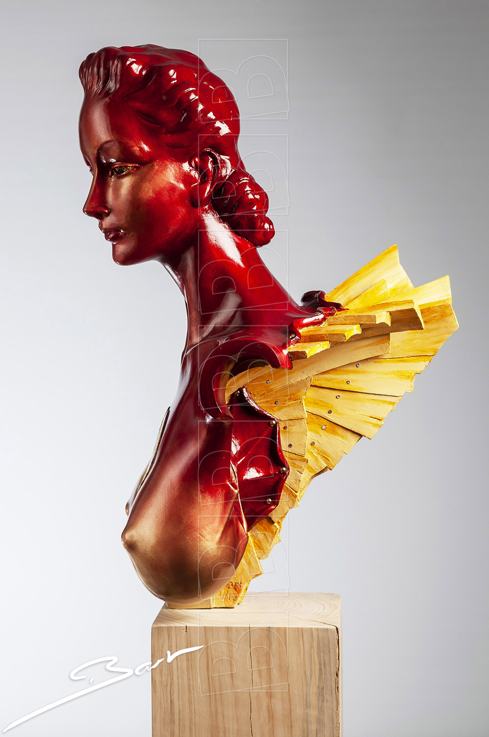 Statue of a woman's buste with wooden wings and pinned-up skin. Borstbeeld van een vrouw met houten vleugels en vast genagelde huid.