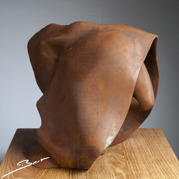 Sculptuur van een monnik met een kap over zijn hoofd. Sculpture of a monk with a hood over his head. By Bart van der Voort.