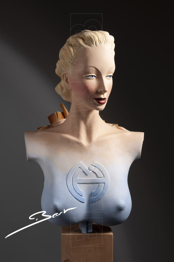 Bust of a woman with wooden wings with her skin nailed to these wings Borstbeeld van een vrouw met houten vleugels en daaraan vast genagelde huid.