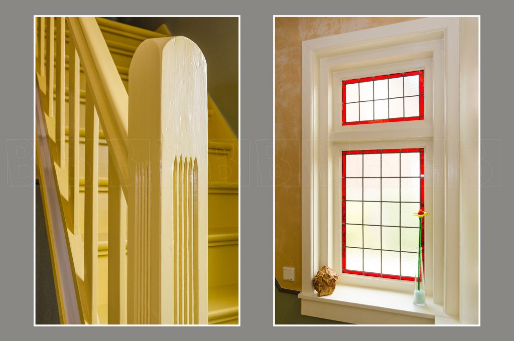 Interieur van woonhuis. Details van raam en trapleuning.
